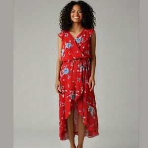 Floral Red Wrap Dress MAVERICK Ruffle Cascade Asymmetrical Summer Sun Dress